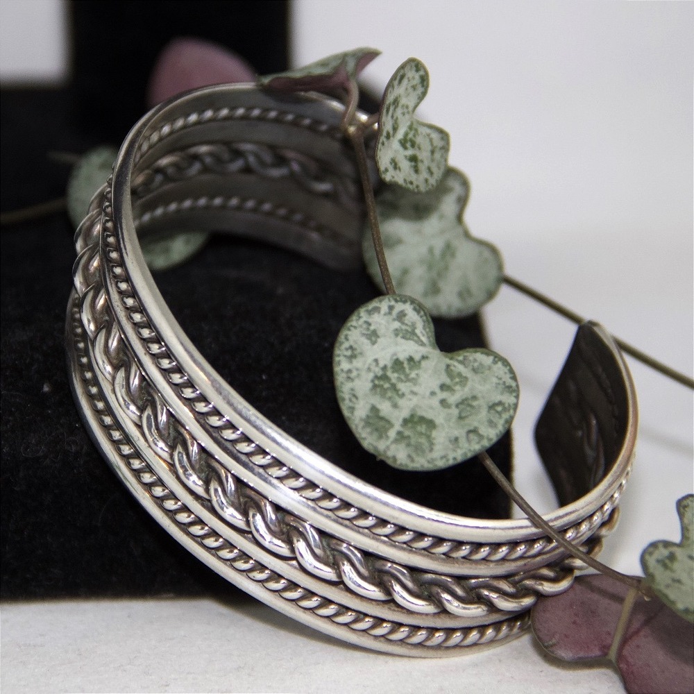 VTG HEAVY Native American Sterling Silver Cuff Bracelet Multi Row Rope 44g